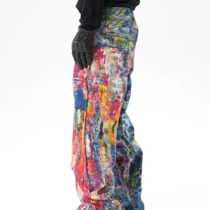 CWHAT American Retro AC Style 3D Oil Painting Digital Print Loose Straight Camouflage Baggy Jeans Men – Image 3