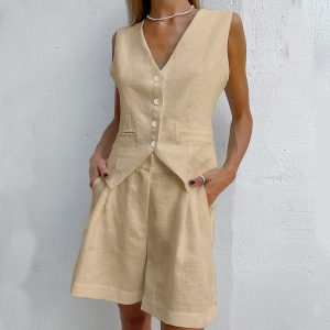 2025 European and American design sense cotton and linen suit vest set women's summer casual sleeveless vest shorts two-piece set – Image 3