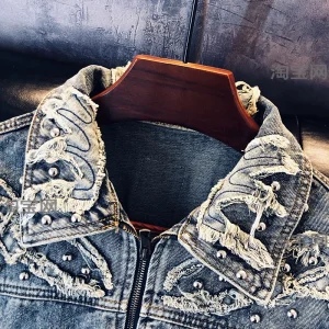 Loose style high quality denim jacket men's 2024 spring and autumn American tide with raw edge stitched lapels niche jacket – Image 3