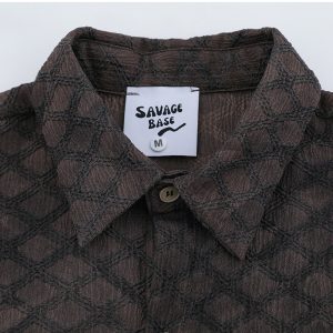 vintage vintage Maillard brown brown quilted jacquard texture wrinkled summer casual short sleeve shirt men – Image 4