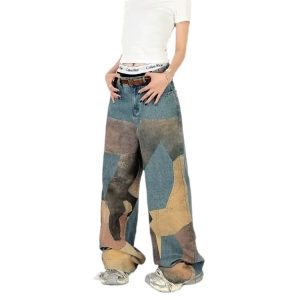 Foreign trade American camouflage jeans men's and women's retro irregular design sense fake splicing loose straight pants wide-leg pants – Image 5