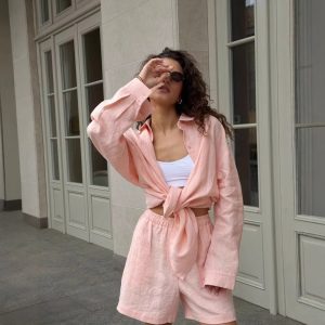 2025 cross-border cotton cardigan long-sleeved shorts suit spring and summer wear simple solid color European and American style casual suit women – Image 4