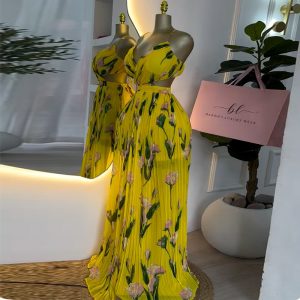 European and American women's clothing 2025 summer new sweet fresh print V-neck suspender high waist pleated dress long skirt – Image 3
