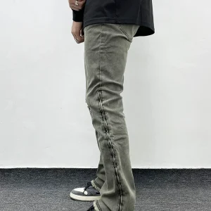 American high street slim straight stretch zipper fake ripped jeans, men's retro slim, slightly flared trousers, trendy brand – Image 3