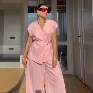 In 2025, the new women's clothing in Europe and the United States, Amazon, cross-border foreign trade, lacing, elegant temperament, solid color wide-leg pants two-piece set – Image 3