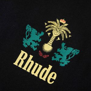 Niche American high street RHUDE lion palm tree English pattern couple loose men and women crew neck short sleeve t-shirt – Image 5