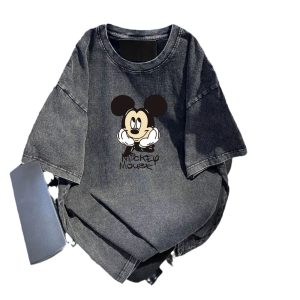 Cotton washed distressed t-shirt round neck short sleeve print half sleeve summer cool pop casual couple loose top – Image 5
