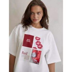 Cotton mid-length half-sleeved T-shirt women's summer new European and American lazy style loose and versatile cross-border printed top ins – Image 4