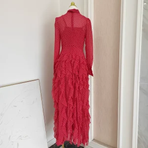 European station French niche polka dot print see-through fungus edge stitching lace-up bow shirt long skirt dress – Image 5