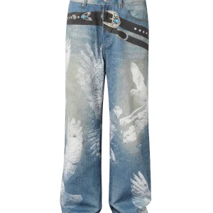American street vibe retro 3D printed flower belt graffiti straight leg jeans design sense cleanfit trousers – Image 3