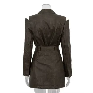European and American retro fashion PU leather cutout long-sleeved top skirt two-piece set PU top and skirt set – Image 4