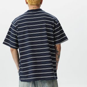 cityboy striped thickened ribbed small neckline T-shirt simple and versatile casual loose short sleeve cotton shirt – Image 3