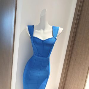 New Cross Border Blue Hip Tight Bandage Dress Slit Women's Sexy Off-the-Shoulder Evening Dress Plus Size – Image 3