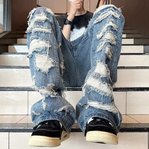 Foreign trade American retro heavy industry destruction erosion patch design jeans high street ripped cleanfit pants – Image 3
