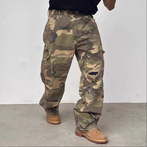 American street washed camouflage cargo jeans new spring and autumn ripped straight trendy brand versatile long pants – Image 4