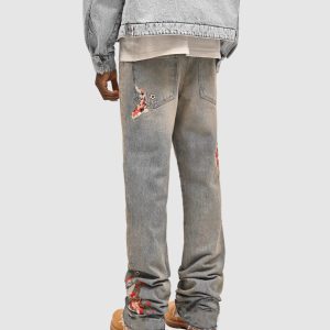 Cross-border new men's denim straight pants, European and American street fashion ins, explosive stretch patch denim straight pants – Image 3