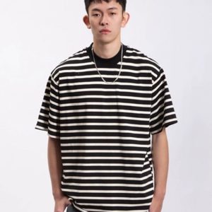 cotton black and white striped short sleeves small neckline T-shirt, – Image 5
