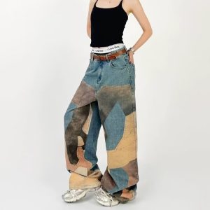 Foreign trade American camouflage jeans men's and women's retro irregular design sense fake splicing loose straight pants wide-leg pants – Image 4