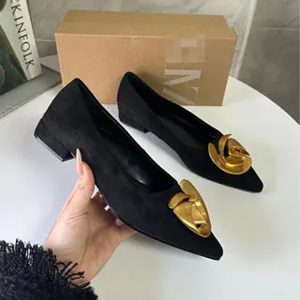 ZA new French premium flat single shoe pointed toe shallow metal flower embellished buckle flat heel back bag sandals women – Image 4