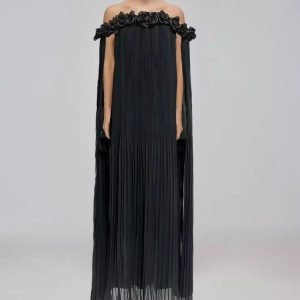 red evening dress spring sexy neckline three-dimensional flower streamer pleated fairy chiffon dress long skirt foreign trade – Image 3