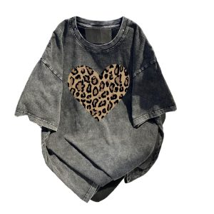 Leopard print heart d-washed vintage T-shirt Street style Hip hop punk Har – Image 4