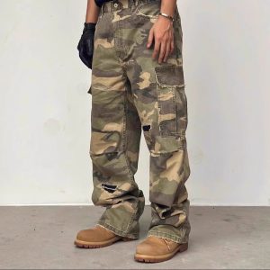 American street washed camouflage cargo jeans new spring and autumn ripped straight trendy brand versatile long pants – Image 3