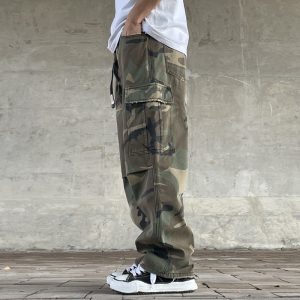 American Street Retro Loose Straight Camouflage Cargo Pants Men's Heavy Wash Handmade Patch Cut Trendy Military Pants – Image 4