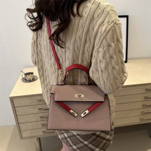 New color-blocking, simple, large-capacity, Korean version texture, fashionable, one-shoulder, cross-body hand-worn lady, Kelly bag, trendy – Image 3