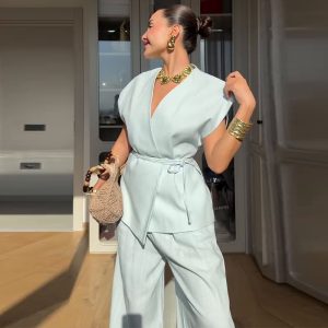 In 2025, the new women's clothing in Europe and the United States, Amazon, cross-border foreign trade, lacing, elegant temperament, solid color wide-leg pants two-piece set – Image 4