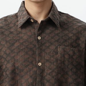 vintage vintage Maillard brown brown quilted jacquard texture wrinkled summer casual short sleeve shirt men – Image 3