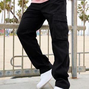 Cross-border new large pocket cargo pants men's autumn stitching solid color casual sports loose straight pants foreign trade – Image 3
