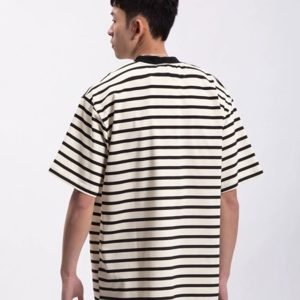 cotton black and white striped short sleeves small neckline T-shirt, – Image 4