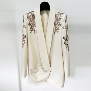New European and American star temperament fashion heavy industry beaded and diamond shawl collar dress suit skirt – Image 3