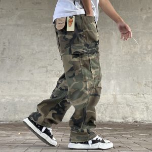 American Street Retro Loose Straight Camouflage Cargo Pants Men's Heavy Wash Handmade Patch Cut Trendy Military Pants – Image 3