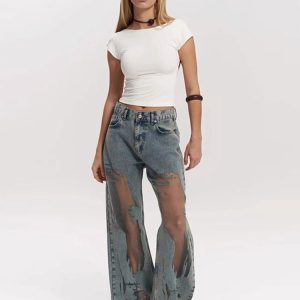 American hot girl retro straight-leg pants hollow texture niche design jeans loose wide-leg trousers – Image 4