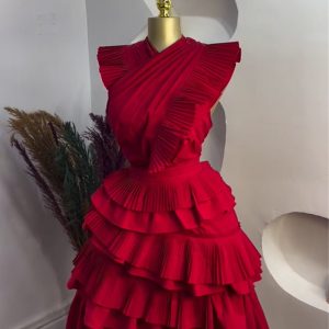 European and American cross-border women's clothing 2025 summer new light luxury niche pressed pleated short-sleeved ruffled high-waisted red dress – Image 3