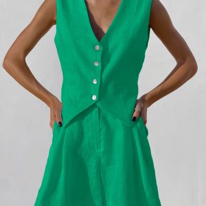 2025 European and American design sense cotton and linen suit vest set women's summer casual sleeveless vest shorts two-piece set – Image 5