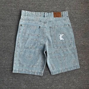 American street fashion hip hop full print cashew flower denim shorts mid and high waist summer fashion niche loose 5 point pants men – Image 6