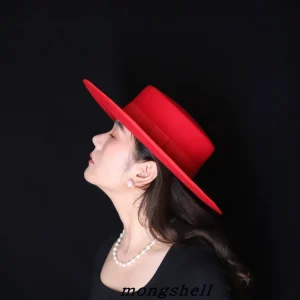 mongshell Hongxia Autumn and Winter New Flat Top Hat Wide Brim Wool Felt Topper French Versatile Retro Hat Women – Image 4