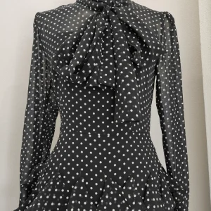 European station French niche polka dot print see-through fungus edge stitching lace-up bow shirt long skirt dress – Image 3