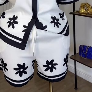 European and American cross-border women's clothing 2025 summer new fashion lapel color-blocked printed shirt wide-leg shorts casual suit – Image 3
