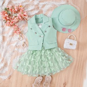 Baby salary children's clothing, European and American sleeveless suit, cotton vest, butterfly mesh skirt, children's sweet travel girls' suit – Image 3