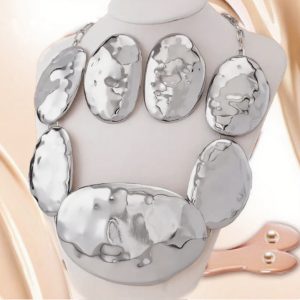 A set of cross-border exaggerated irregular oval metal shiny geometric pattern jewelry set ornament stud earrings necklace – Image 4
