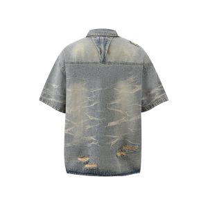 Men's Wear 2025 niche pleated design washed denim shirt ruffian jacket short sleeves – Image 4