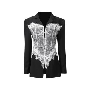 European and American lace splicing suit women's 2025 new fishbone slim fashion niche design sense blazer women – Image 3