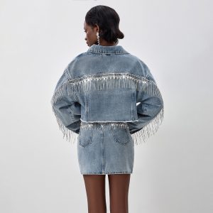 Spring and Autumn New Women's Clothing European and American Style Street Drill Chain Tassel Splicing Long Sleeve Denim Jacket Short Skirt Two-Piece Wholesale – Image 3