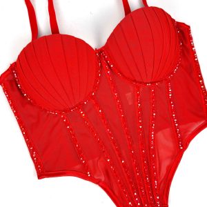 European and American popular sexy mesh suspenders, with a vest and chest pad, can be worn outside the sparkling diamond herringbone plastic corset – Image 4