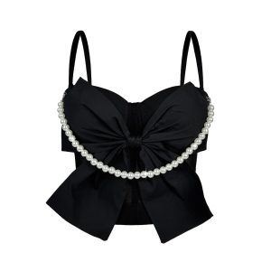 Summer new pearl bow camisole, foreign fashion, versatile herring bone corset, slim and slim temperament – Image 3