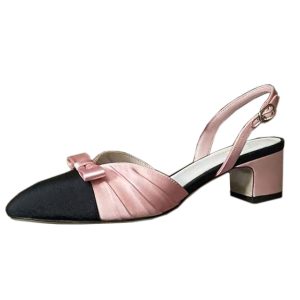 Longxin with the square toe small fragrance after the empty single shoes 2025 summer new pink bow toe sandals women's block heel – Image 3
