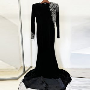 Quality Spot Evening Dress 2025 Star Collection Heavy Industry Beaded Acetate Velvet Small Trailing Long Skirt Dress – Image 3